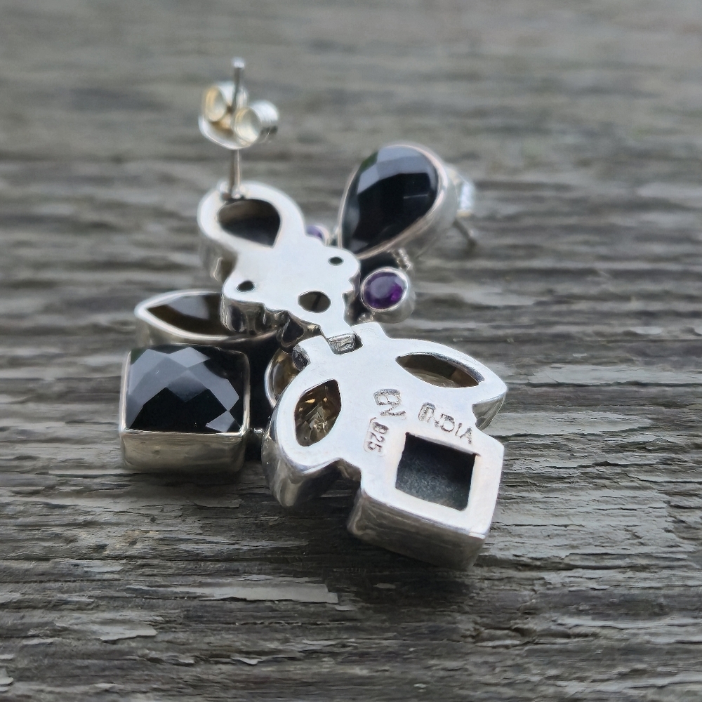 Nicky Butler 925 Sterling Silver Designer Onyx Citrine Amethyst Quartz Earrings - Picture 12 of 13